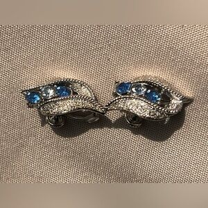 Vintage Coro Clip On Blue AB Rhinestones Faux Pearl Silver Tone Earrings